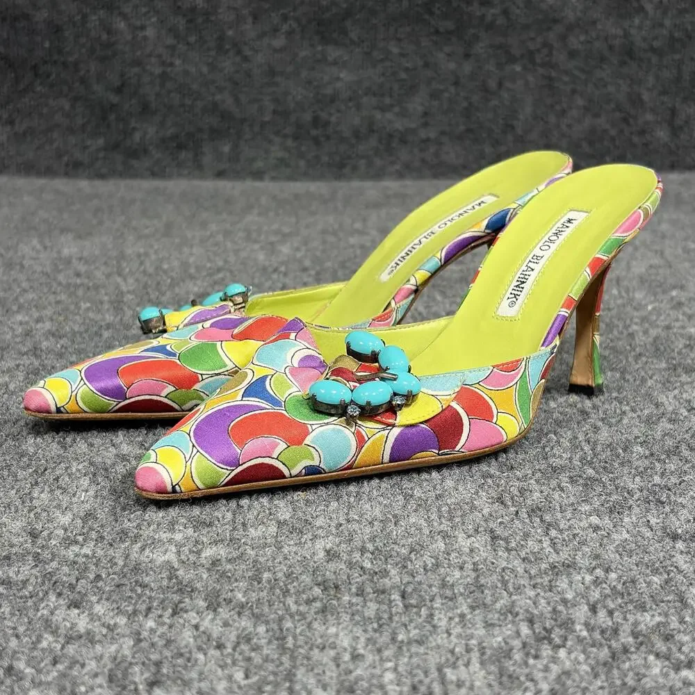 Manolo Blahnik Atomica Shoes Womens 5 Green Blue Printed Silk Mules Heels Italy